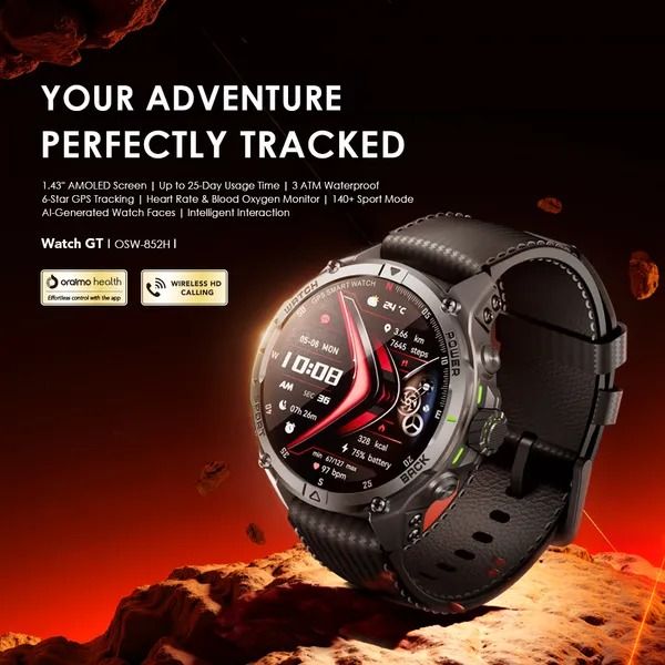 oraimo Watch GT 1.43" AMOLED 3ATM GPS Smart Watch with 2 Replaceable Straps  Up to 25-Day Usage Time 6-Star GPS Tracking  3ATM Waterproof 1.43" AMOLED Screen