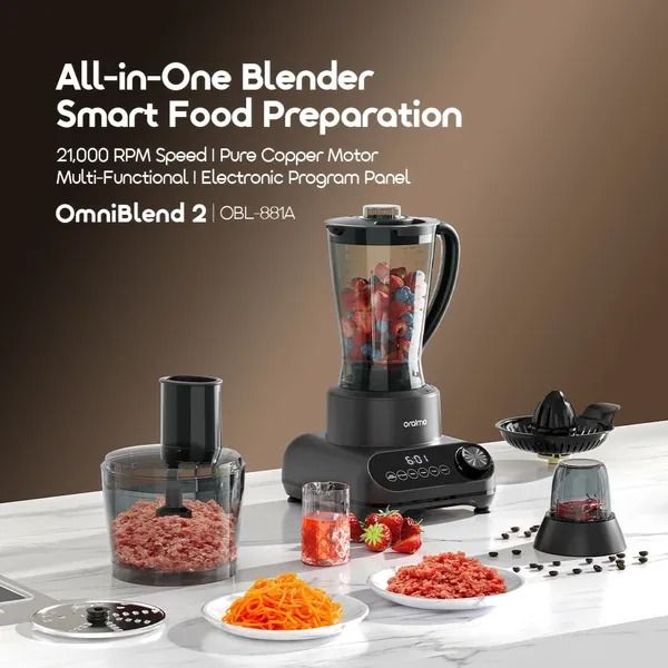 oraimo OmniBlend 2 21000 RPM Speed 5-in-1 Blender  Stepless Speed Setting  High Power Copper Motor Anti Slip Feet Customizable Program Menu 2.5L Food Processor Bowl, 2L Blending Cup, 200mL Griinding C
