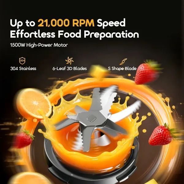 oraimo OmniBlend 2 21000 RPM Speed 5-in-1 Blender  Stepless Speed Setting  High Power Copper Motor Anti Slip Feet Customizable Program Menu 2.5L Food Processor Bowl, 2L Blending Cup, 200mL Griinding C