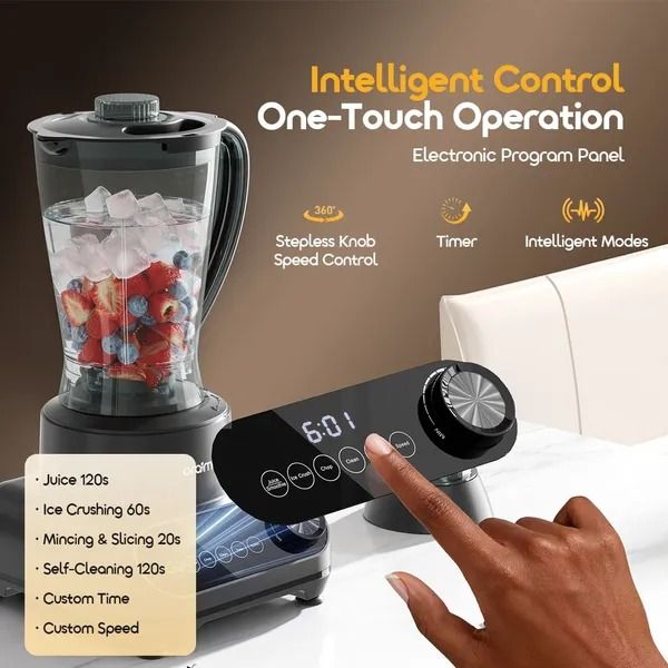 oraimo OmniBlend 2 21000 RPM Speed 5-in-1 Blender  Stepless Speed Setting  High Power Copper Motor Anti Slip Feet Customizable Program Menu 2.5L Food Processor Bowl, 2L Blending Cup, 200mL Griinding C