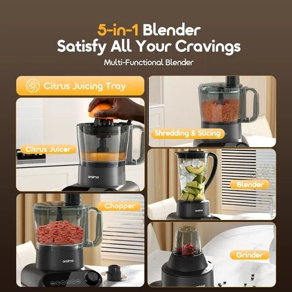 oraimo OmniBlend 2 21000 RPM Speed 5-in-1 Blender  Stepless Speed Setting  High Power Copper Motor Anti Slip Feet Customizable Program Menu 2.5L Food Processor Bowl, 2L Blending Cup, 200mL Griinding C