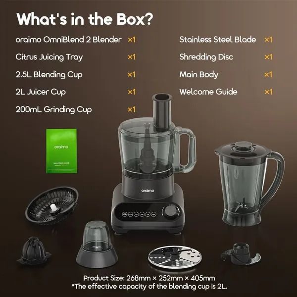 oraimo OmniBlend 2 21000 RPM Speed 5-in-1 Blender  Stepless Speed Setting  High Power Copper Motor Anti Slip Feet Customizable Program Menu 2.5L Food Processor Bowl, 2L Blending Cup, 200mL Griinding C