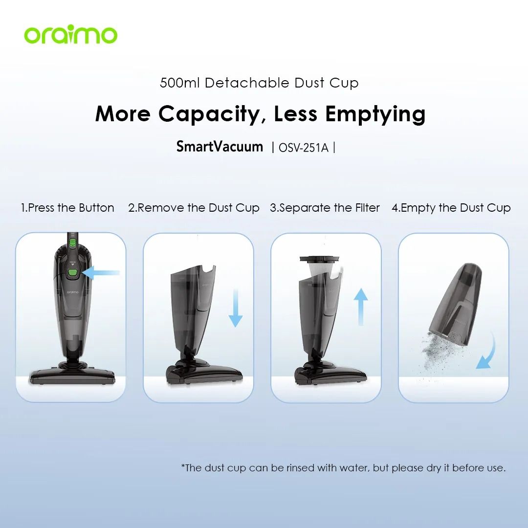 oraimo SmartVacuum Corded Vacuum Cleaner with 5m Cord, 500W High Speed Powerful Suction Super Powerful Motor 5 Meter Cord  Stick & Handheld Vacuum 500 ML Dust Cup