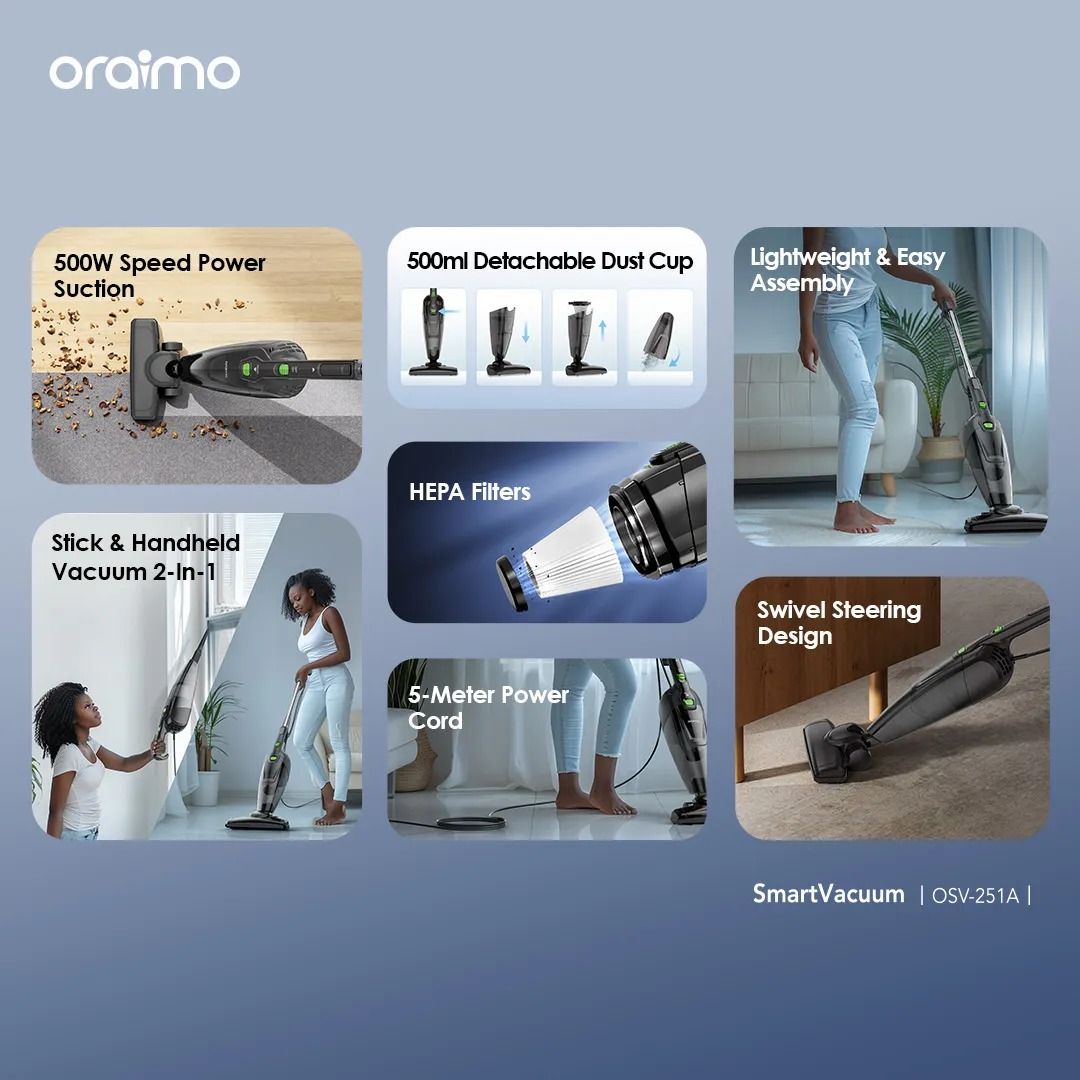 oraimo SmartVacuum Corded Vacuum Cleaner with 5m Cord, 500W High Speed Powerful Suction Super Powerful Motor 5 Meter Cord  Stick & Handheld Vacuum 500 ML Dust Cup