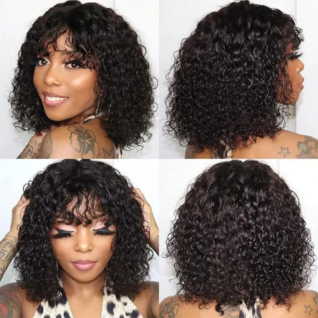 Fashion Human hair blend water wave  bob wig with bangs