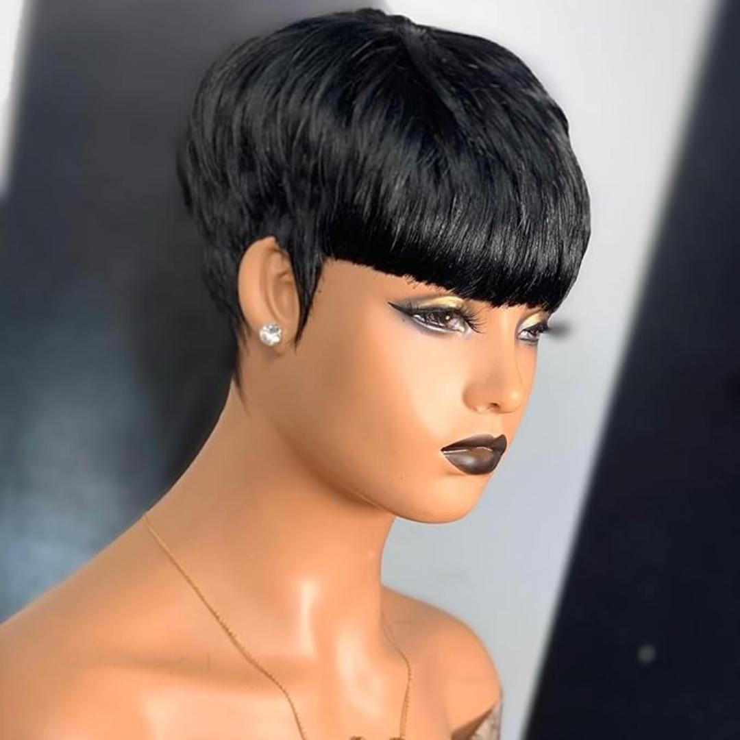 Human hair Fashion pixie wig with. bangs_black
