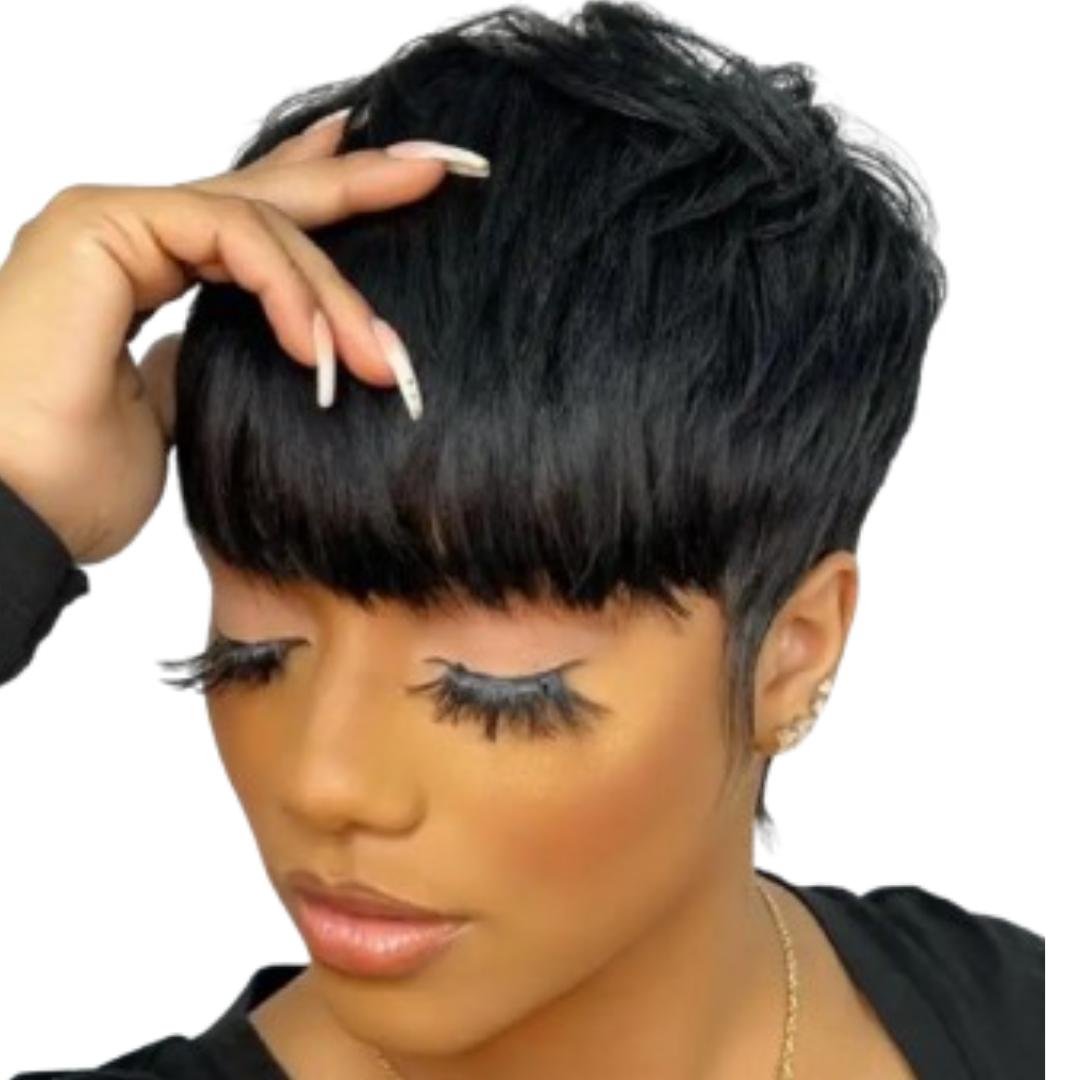 Human hair Fashion pixie wig with. bangs_black