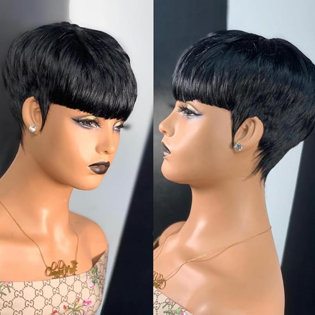 Human hair Fashion pixie wig with. bangs_black