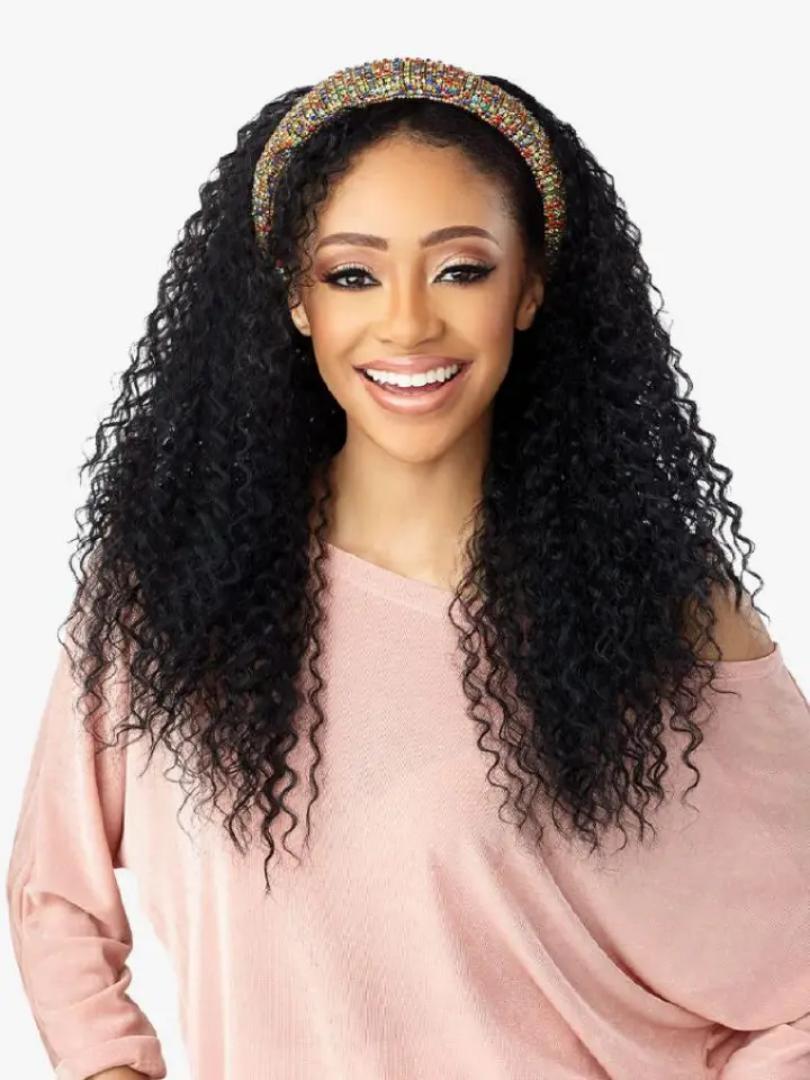 HUMAN hair blend waterwave  HEADBAND wig _black