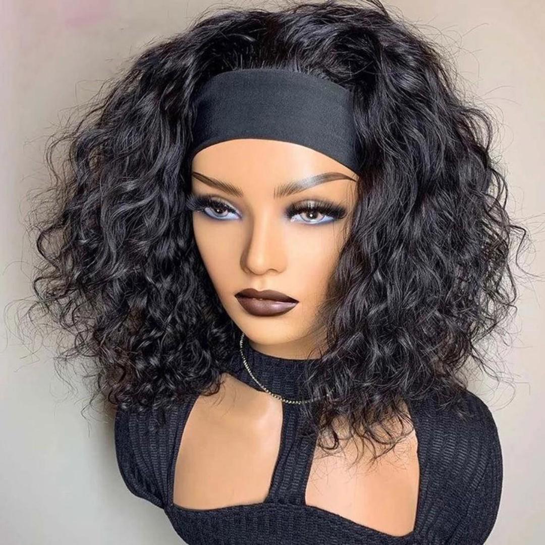Fashion Human hair blend waterwave HEADBAND wig black
