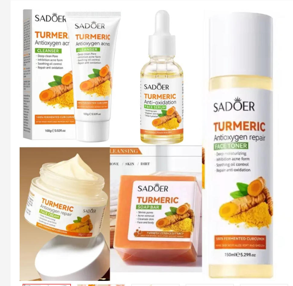 5 in 1 Sadoer Turmeric Set, Tumeric Cleanser + Face Serum +Face Toner + Face Cream + Tumeric Soap, with unparelled Vitamin C capabilities, Helps in Preven Acne, Sooth, Hydrate, Lighjten Acne Marks