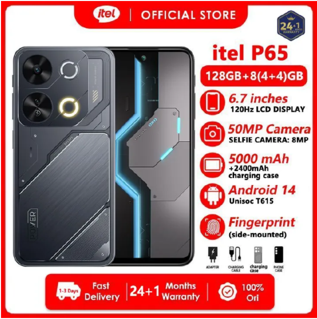 ITEL P65 ON OFFER 128GB + 8(4+4)GB RAM 6.7" SCREEN 120HZ 4G DUAL SIM BRAND NEW SMART PHONE 7400MAH BATTERY 18W CHARGING 50MP CAMERA SIDE FINGERPRINT ANDROID 14 NFC 2 YEARS WARRANTY