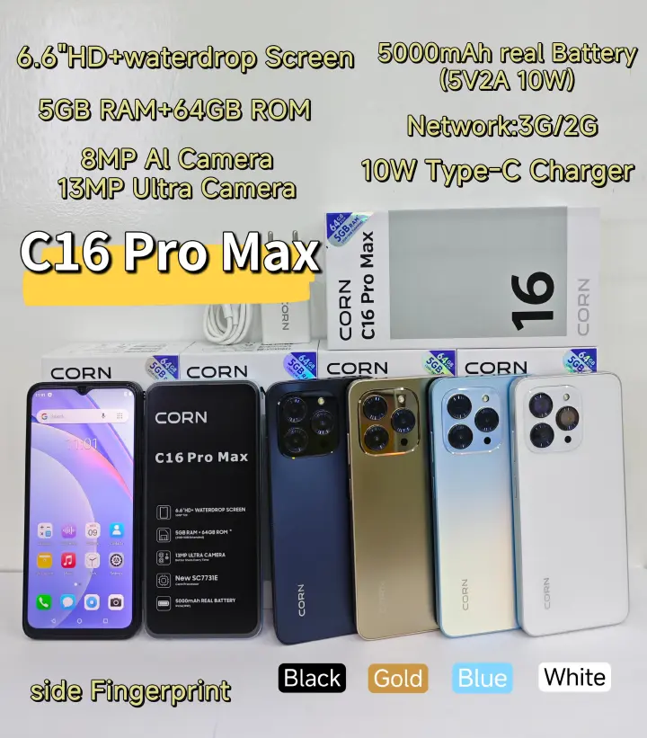 NEW ARRIVAL CORN C16 PRO MAX 6.6" STORAGE ROM 64GB RAM 5GB STRONG BATTERY 5000 mAh DOUBLE SIM CARD SMART PHONE ON OFFER FINGERPRINT FACE UNLOCK,8MP SEILFE 13MP TYPE-C CHARGER, 24 MONTHS WARRANTY.