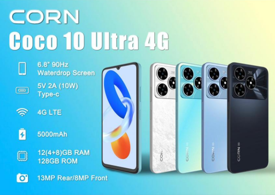 NEW ARRIVAL SMART PHONE CORN COCO 10 128GB ROM+12GB RAM 4G NETWORK PHONE 13MP+8MP ULTRA CAMERA WATER DROP SCREEN SIDE FINGERPRINT FACE UNLOCK 6.8 INCHES SCREEN BATTERY 5000MAH LATEST PHONE ON OFFER