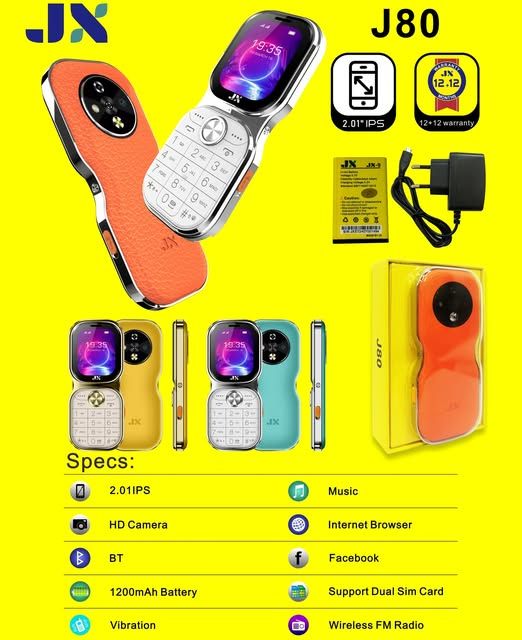 JX J80 NEW ARRIVAL KABAMBE/KATULULU/MULIKA MWIZI MOBILE PHONE FEATURE PHONE WITH UNIQUE SHAPE SCREEN DISPLAY 2'' BATTERY 1200MAH WIRELESS FM DUAL SIM CARD HD CAMERA ONE YEAR WARRANTY