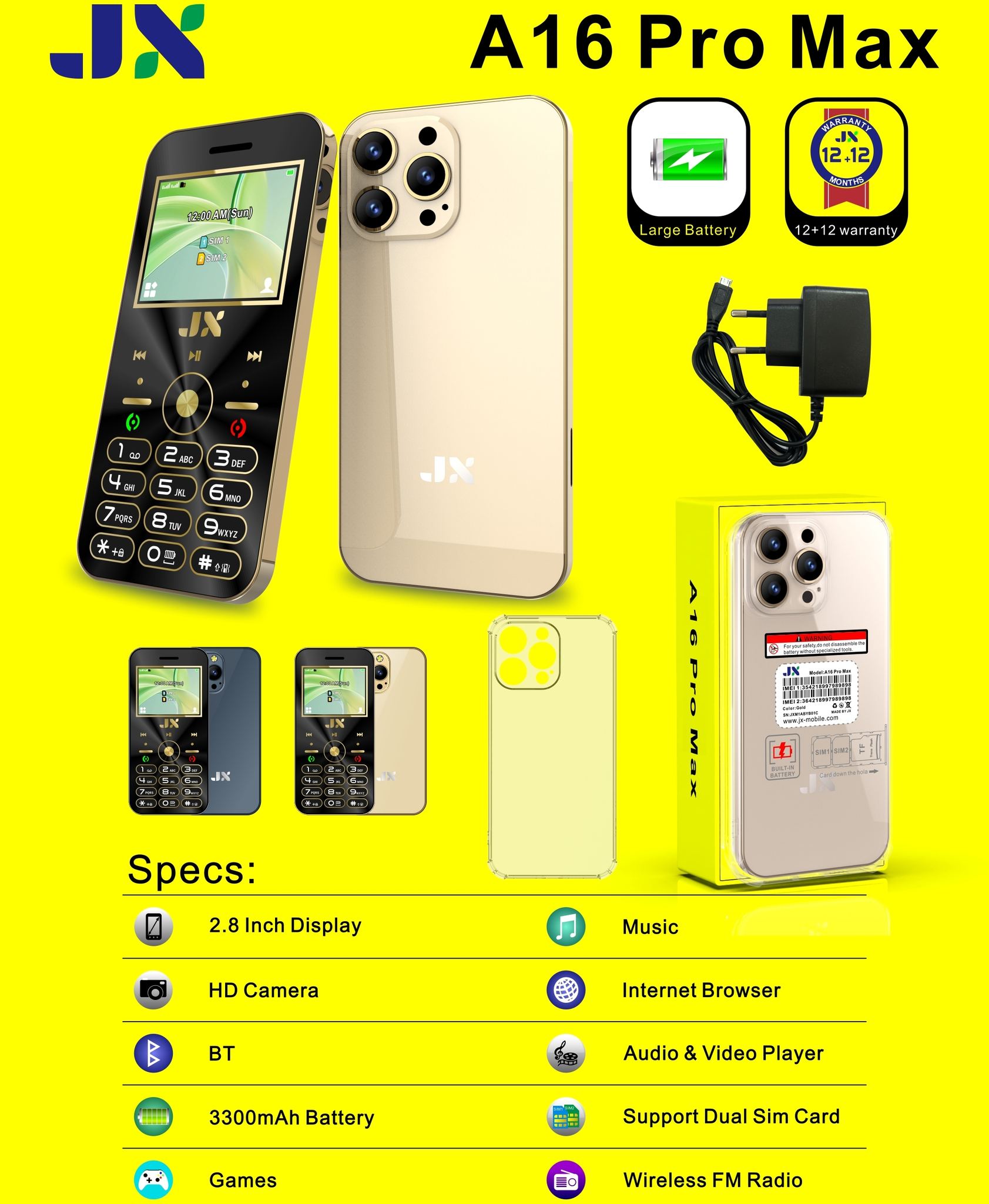 (ON OFFER) JX A16 PRO MAX DUAL SIM CARD, SCREEN DISPLAY 2.8'',CAMERA,INBUILT BATTERY, KABAMBE/KATULULU/MULIKA MWIZI/FEATURE PHONE.