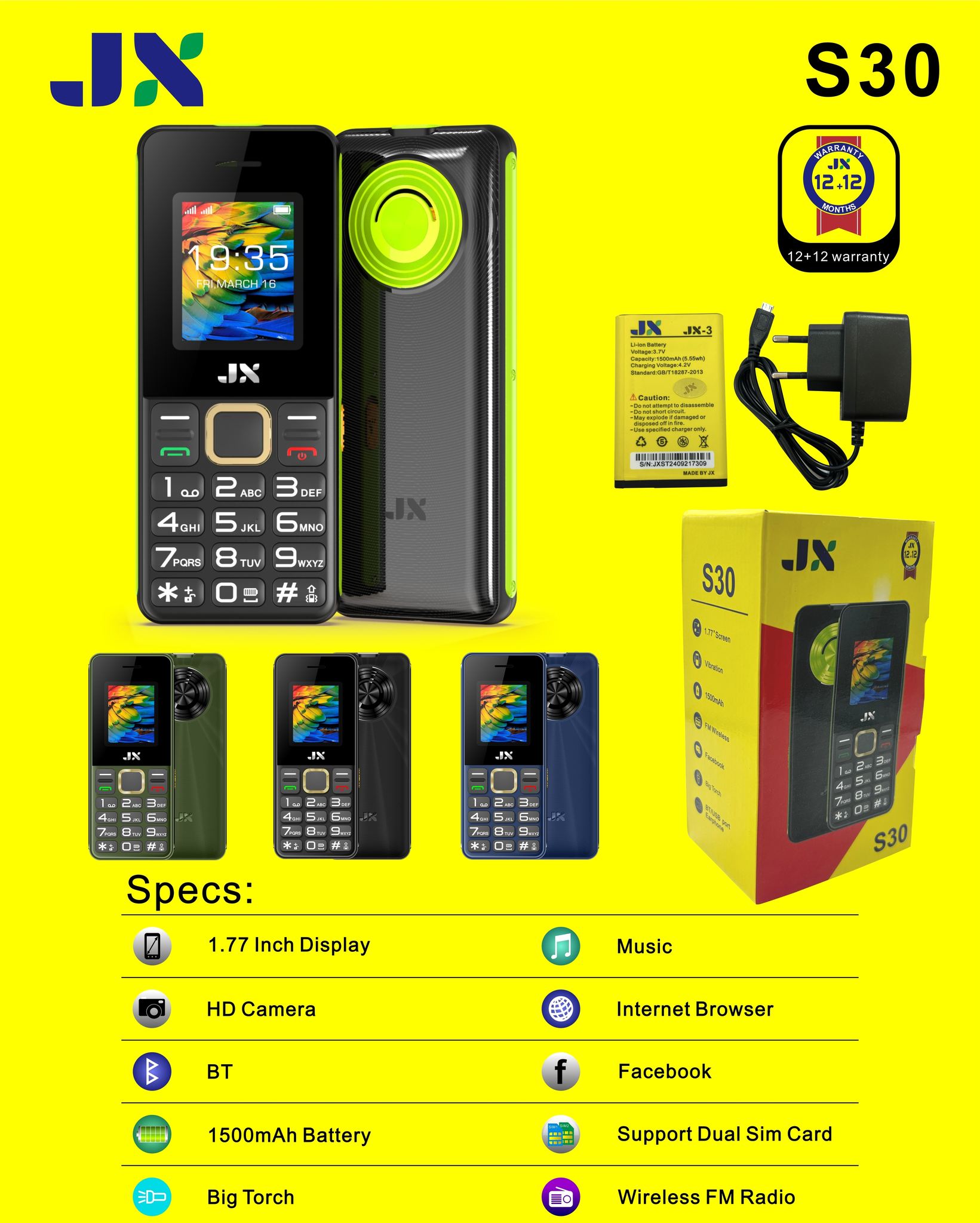 JX S30 DUAL SIM CARD KABAMBE/MULIKA MWIZI/BATTON/FEATURE PHONE WITH FM WIRELESS BATTERY 1500MAH TORCH LIGHT, 1.77" SCREEN DISPLAY.