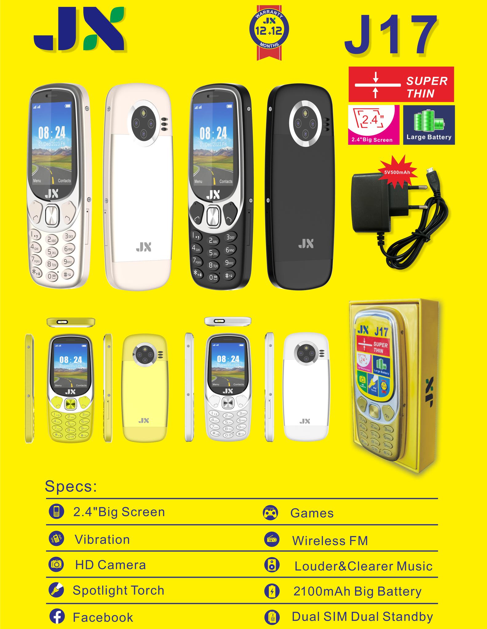 JX J17 NEW ARRIVAL WITH BIG BATTERY 2100MAH,HD CAMERA,BIG TORCH,SCREEN SIZE 2.4 INCHES,GAMES,DUAL SIM CARD,WIRELESS FM KABAMBE/KATULULU/MULIKA MWIZI/BATTON MOBILE PHONE/FEATIRED PHONE 1 YEAR WARRANTY