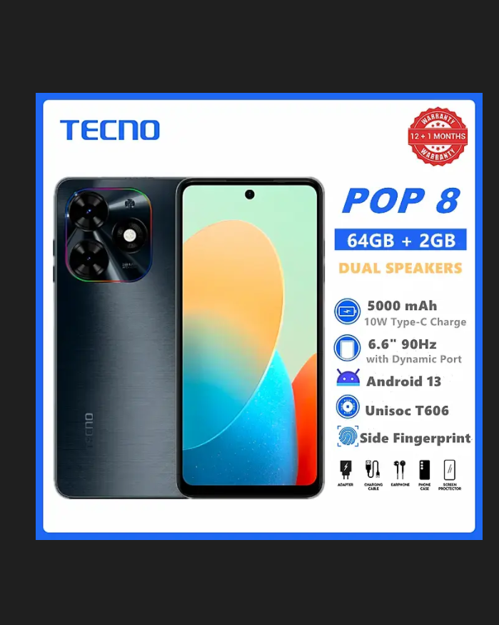 TECNO POP 8 64GBROM+2GB RAM SCREEN 6.6" 90HZ DUAL SPEAKERS 13MP BACK CAMERA 5000MAH BATTERY TYPE-C CHARGING SIDE FINGERPRINT UNLOCK ANDROID SMART PHONE ON OFFER 1 YEAR WARRANTY AFFORDABLE/CHEAP PHONES