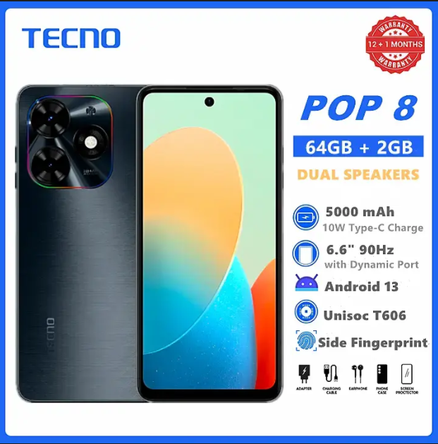 TECNO POP 8 64GBROM+2GB RAM SCREEN 6.6" 90HZ DUAL SPEAKERS 13MP BACK CAMERA 5000MAH BATTERY TYPE-C CHARGING SIDE FINGERPRINT UNLOCK ANDROID SMART PHONE ON OFFER 1 YEAR WARRANTY AFFORDABLE/CHEAP PHONES