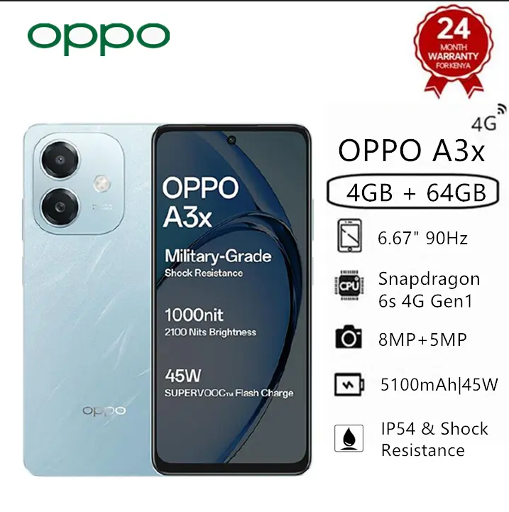 BRAND NEW OPPO A3X STORAGE 4GB RAM+ 64GB ROM SCREEN 6.67" 90HZ SNAPDRAGON 6S 4G GEN1 ANDROID 14 45W 5100MAH TYPE-C CHARGER SMART PHONES SIDE FINGERPRINT FACE UNLOCK PHONE 2 YEARS WARRANTY ON OFFER