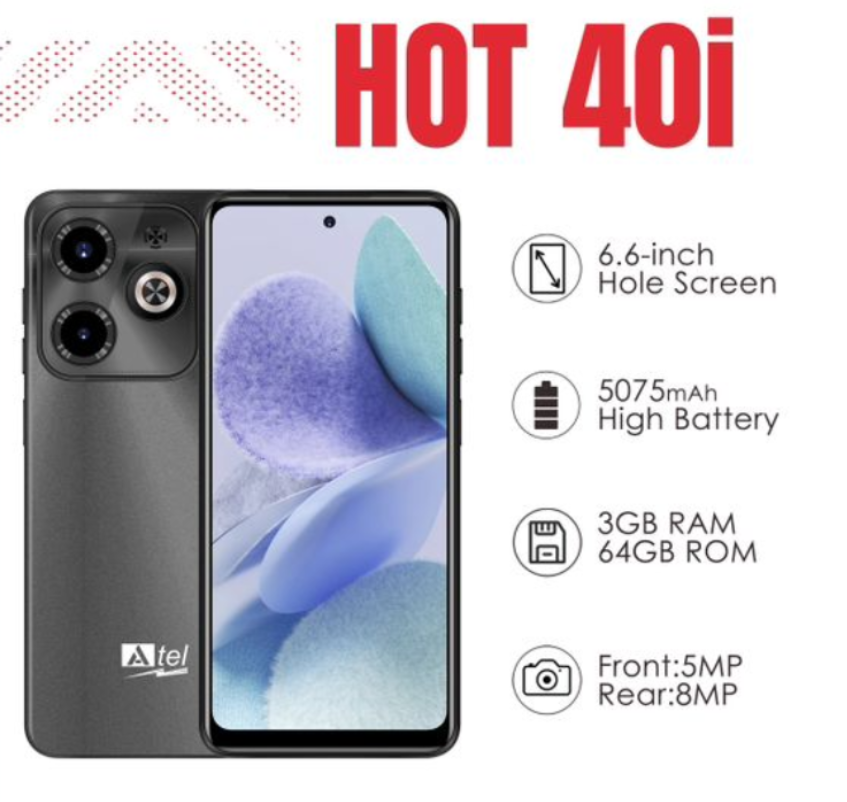 NEW ARRIVAL ATEL HOT 40i MEMORY STORAGE 64GB ROM+3GB RAM SCREEN DISPLAY 6.6'' BIG BATTERY CAPACITY 5075MAH FRONT CAMERA 5MP+REAR 8MP ORIGINAL/CHEAP SMART PHONE FINGERPRINT UNLOCK ANDROID 13 ON OFFER