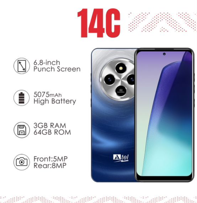 NEW ARRIVAL ATEL 14C MEMORY STORAGE 64GB ROM+3GB RAM SCREEN DISPLAY 6.8 INCHES BIG BATTERY CAPACITY 5750MAH FRONT CAMERA 5MP+REAR 8MP ORIGINAL/CHEAP SMART PHONE FINGERPRINT UNLOCK ANDROID 13 PHONE