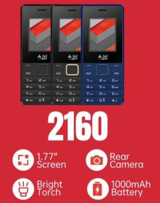 ATEL 2160 SCREEN 1.77’’ BRIGHT TORCH BATTERY 1000MAH RAER CAMERA KABAMBE /MULIKA MWIZI/BUTTON MOBILE PHONE