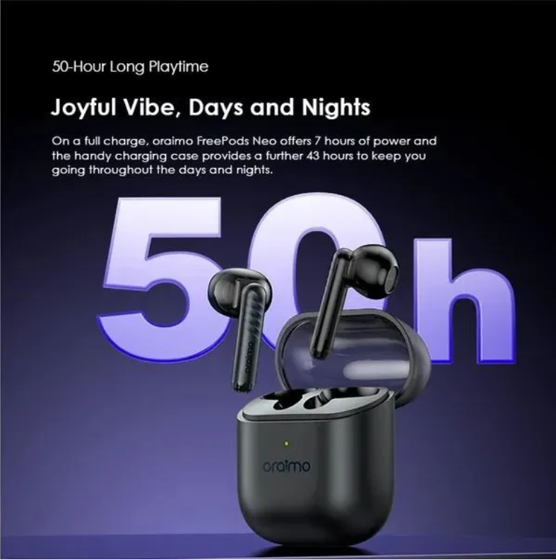 ORIGINAL ORAIMO AIR PODS FREEPODS NEO OTW-330S 50 HOUR LONG PLAYTIME HALF-IN-EAR COMFORT HD VOICE I YEAR WARRANTY TYPE-C CHARGER HAVY BASS EARBUDS