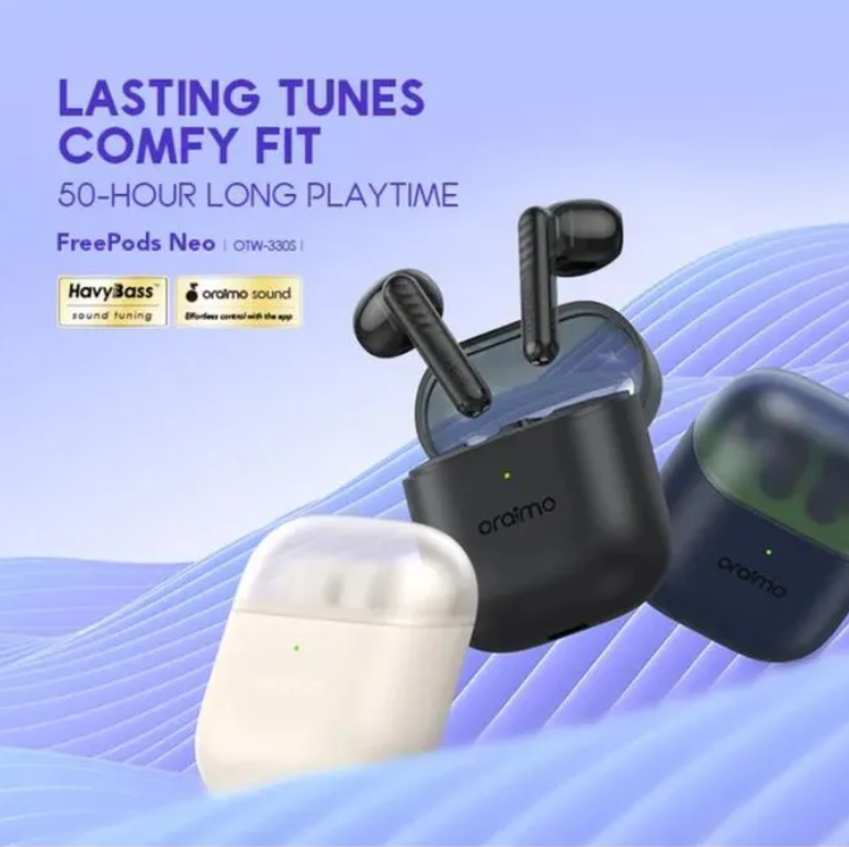 ORIGINAL ORAIMO AIR PODS FREEPODS NEO OTW-330S 50 HOUR LONG PLAYTIME HALF-IN-EAR COMFORT HD VOICE I YEAR WARRANTY TYPE-C CHARGER HAVY BASS EARBUDS