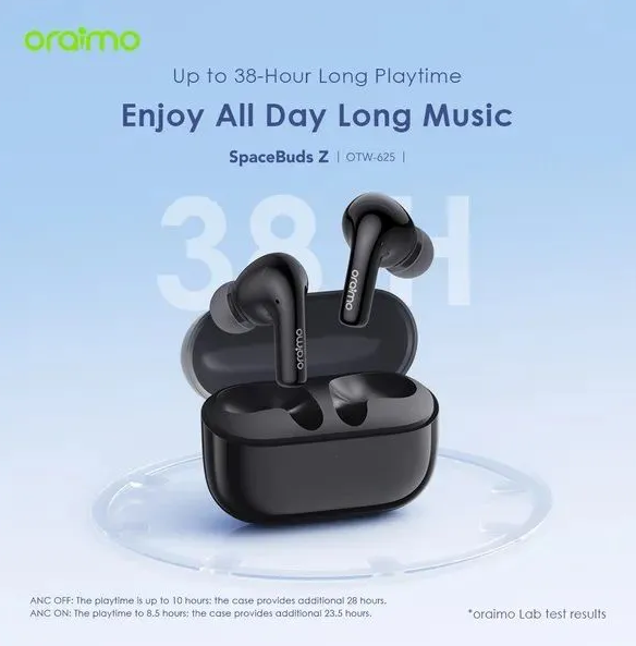 ORIGINAL ORAIMO AIR PODS FREEPODS SPACEBUDS Z OTW-625 50 HOUR LONG PLAYTIME HALF-IN-EAR ACTIVE NOISE CANCELLATION DUAL DEVICE CONNECTIVITY 1 YEAR WARRANTY TYPE-C CHARGER HAVY BASS EARBUDS