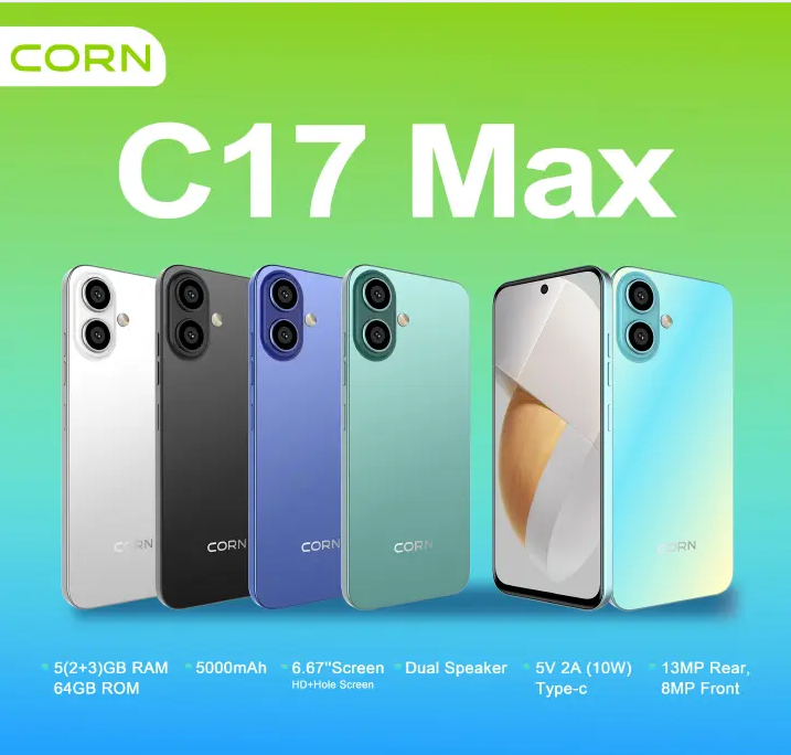 CORN C17 MAX STORAGE 64GB ROM+5GB RAM(2+3 EXTENDED) CAMERA BACK 13MP+FRONT 8MP SCREEN 6.67’’ BATTERY 5000MAH 10W FAST CHARGER TYPE C 3G NETWORK DUAL SPEAKER  SIDE FINGERPRINT SMART PHONE WITH WARRANTY