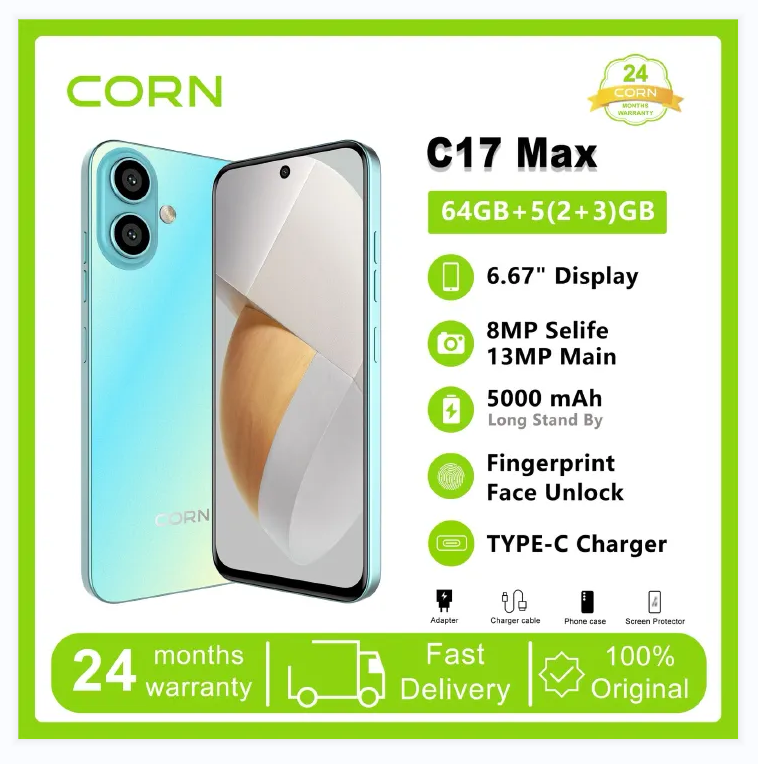 CORN C17 MAX STORAGE 64GB ROM+5GB RAM(2+3 EXTENDED) CAMERA BACK 13MP+FRONT 8MP SCREEN 6.67’’ BATTERY 5000MAH 10W FAST CHARGER TYPE C 3G NETWORK DUAL SPEAKER  SIDE FINGERPRINT SMART PHONE WITH WARRANTY