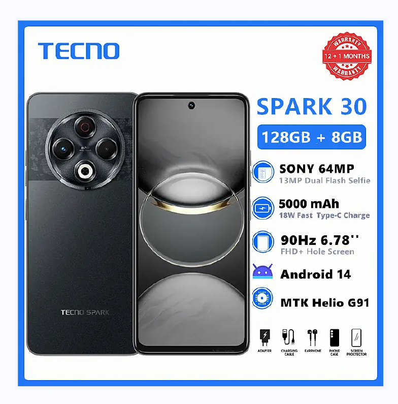 TECNO SPARK 30 128GB +8GB(+8GB EXTENDED RAM) 6.78" SONY IMX682 64MP CAMERA MTK HELIO G91 IP64 WATERPROOF 5000MAH TECNO SMART PHONE 4G DUAL SIM SIDE FINGERPRINT PHONE ANDROID 14 WITH WARRANTY  ON OFFER