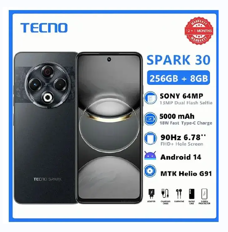 TECNO SPARK 30 ROM 256GB +8GB(+8GB EXTENDED RAM) 6.78" SONY IMX682 64MP CAMERA MTK HELIO G91 IP64 WATERPROOF 5000MAH TECNO SMART PHONES 4G NETWORK DUAL SIM SIDE FINGERPRINT PHONE ANDROID 14 ON OFFER
