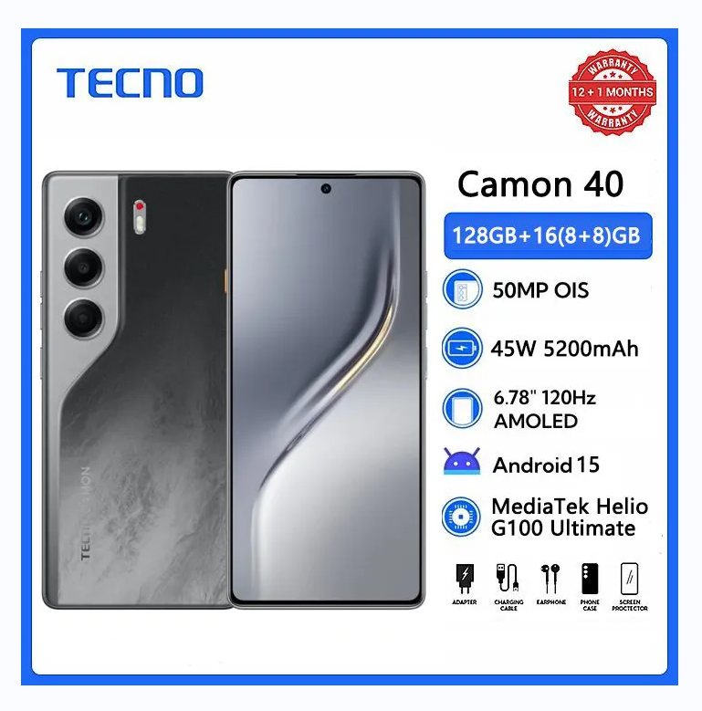 TECNO CAMON 40 ROM 128GB+16(8+8)GB RAM 6.78" AMOLED 120HZ SCREEN MTK HELIO G100 ULTIMATE 45W 5200MAH 50MP DUAL SPEAKER ANDROID 15 ORIGINAL TECNO SMART PHONES DUAL SIM PHONE 1 YEAR WARRANTY