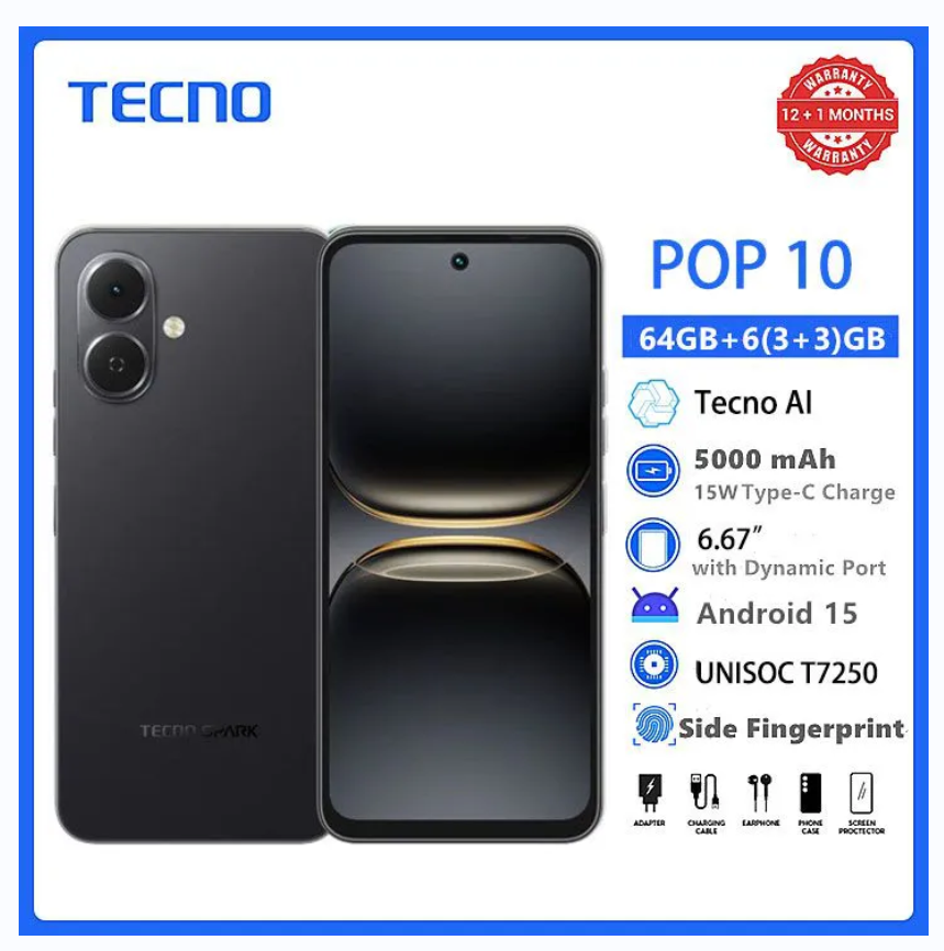 [NEW ARRIVAL]TECNO POP 10 64GB + 6(3+3)GB 4G NETWORK 6.67" 120HZ HOLE SCREEN DUAL SPEAKERS IP64 WATERPROOF 13MP 5000MAH 15W TYPE-C ANDROID 15 DUAL SIM SIDE FINGERPRINT UNLOCK MART PHONE ON OFFER