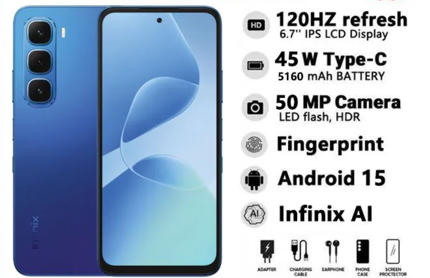 NEW ARRIVAL INFINIX HOT 60I 128GB+12(6+6)GB 6.7" 120HZ SCREEN 4G PHONE DUAL SIM 5160MAH BATTERY 45W CHARGING 50MP CAMERA FINGERPRINT LOCK ANDROID 15 G81 ULTIMATE SMART AI PHONES SMART PHONES ON OFFER