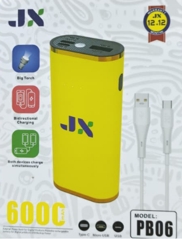 JX PB06 POWER BANK WITH BIG TORCH BIDIRECTIONAL CHARGING TWO CHARGING SLOTS TYPE C CHARGER AND USB PORT CAPACITY 6000MAH 1 YEAR WARRANTY PORTABLE POWER BANKS CHEAP POWER BANK ON OFFER