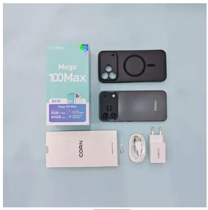 CORN MEGA 100 MAX 6.67"HD 64GB ROM 5(2+3)GB RAM STRONG BATTERY 5000MAH DUAL SIM CARD SMART PHONES SIDE-MOUNTED FINGERPRINT FACE UNLOCK,13MP AI CAMERA FRONT 8MP SELFIE REAR 13MP TYPE C CHARGER