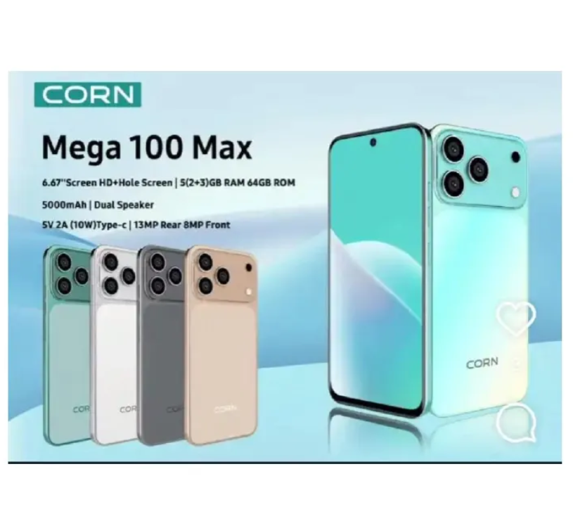 CORN MEGA 100 MAX 6.67"HD 64GB ROM 5(2+3)GB RAM STRONG BATTERY 5000MAH DUAL SIM CARD SMART PHONES SIDE-MOUNTED FINGERPRINT FACE UNLOCK,13MP AI CAMERA FRONT 8MP SELFIE REAR 13MP TYPE C CHARGER
