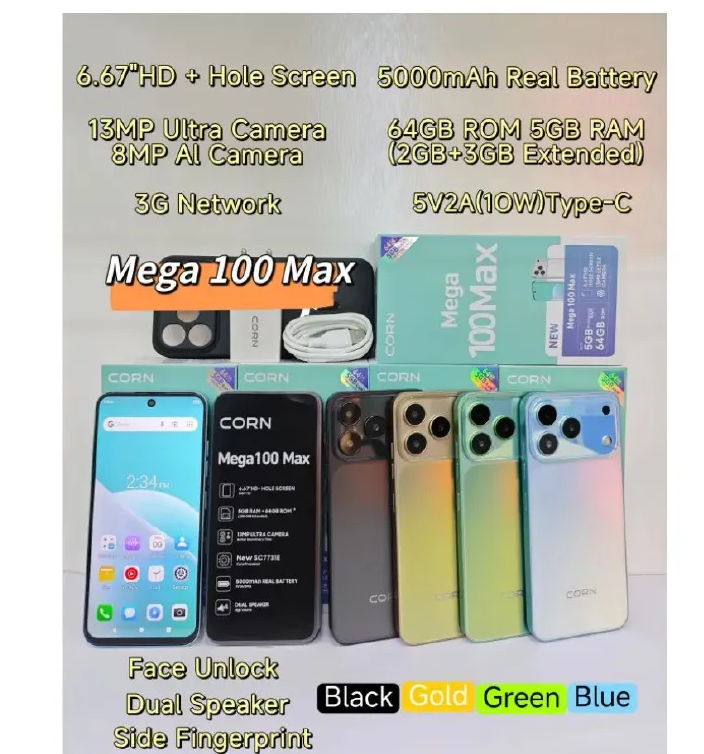 CORN MEGA 100 MAX 6.67"HD 64GB ROM 5(2+3)GB RAM STRONG BATTERY 5000MAH DUAL SIM CARD SMART PHONES SIDE-MOUNTED FINGERPRINT FACE UNLOCK,13MP AI CAMERA FRONT 8MP SELFIE REAR 13MP TYPE C CHARGER