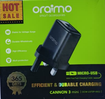 ORIGINAL ORAIMO CHARGER OCW-U37SP+M53 CANNON 3 MINI CHARGER 6W MICRO USB CABLE WITH FREE FAST CHARGING CABLE 1-YEAR WARRANTY ON OFFER