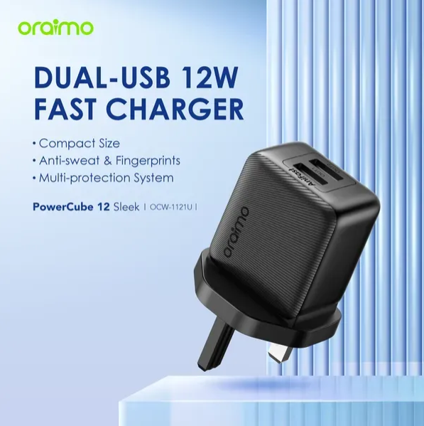 ORIGINAL ORAIMO TYPE C FAST CHARGER OCW-1121U+C53 POWERCUBE 12 SLEEK DUAL-USB 12W WALL CHARGER COMPACT SIZE SWEAT & FINGERPRINT RESISTANCE