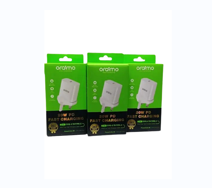 ORIGINAL ORAIMO POWERCUBE 20 OCW-U106S+CC54 20W TYPE C WALL CHARGER FAST CHARGING TYPE-C TO TYPE-C FREE FAST CHARGING CABLE UNIVERSAL COMPATIBILITY C TO C ORAIMO TYPE-C FAST CHARGER