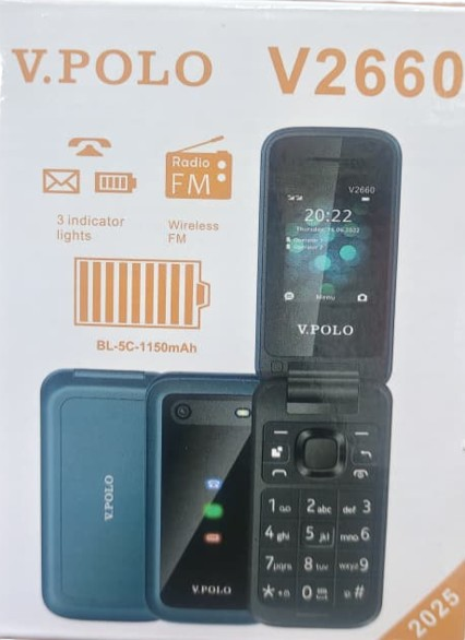 V.POLO V2660 SCREEN DISPLAY 1.77’’ CAMERA DUAL SIM CARD MP3/MP4 PLAYER VIBRATION FM RADIO BIG BATTERY 1150 MAH KABAMBE MULIKA MWIZI BUTTON PHONE KATULULU FEATURE PHONE FLIP MOBILE PHONE ON OFFER