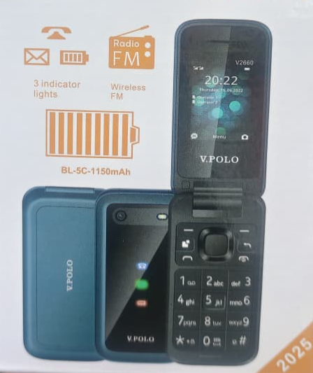 V.POLO V2660 SCREEN DISPLAY 1.77’’ CAMERA DUAL SIM CARD MP3/MP4 PLAYER VIBRATION FM RADIO BIG BATTERY 1150 MAH KABAMBE MULIKA MWIZI BUTTON PHONE KATULULU FEATURE PHONE FLIP MOBILE PHONE ON OFFER