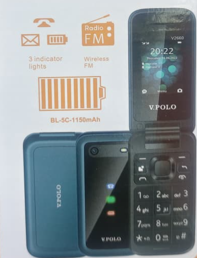 V.POLO V2660 SCREEN DISPLAY 1.77’’ CAMERA DUAL SIM CARD MP3/MP4 PLAYER VIBRATION FM RADIO BIG BATTERY 1150 MAH KABAMBE MULIKA MWIZI BUTTON PHONE KATULULU FEATURE PHONE FLIP MOBILE PHONE ON OFFER