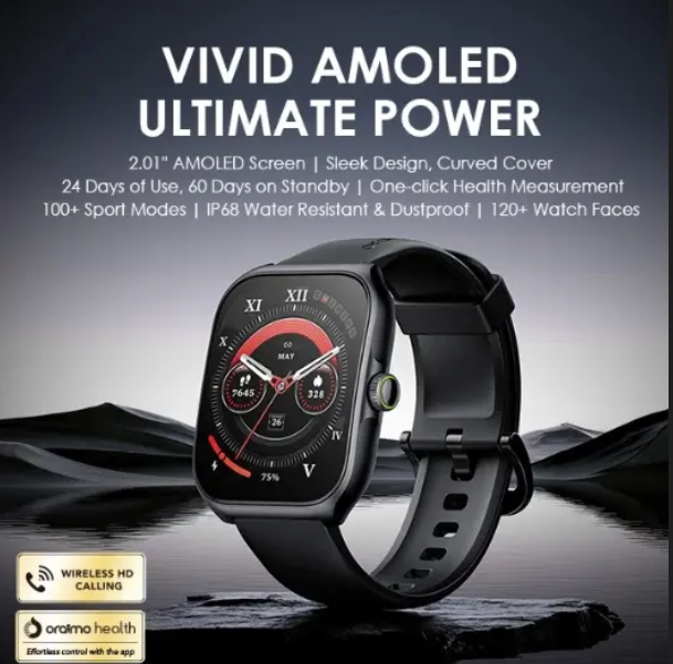 [ON OFFER] ORAIMO OSW-812 ORIGINAL ORAIMO SMART WATCH SCREEN 2.01'' AMOLED DISPLAY BLUETOOTH PHONE CALL METER STEP HEART RATE SMARTWATCHES 24 DAY USAGE TIMEWIRELESS HD CALLING 1 YEAR WARRANTY