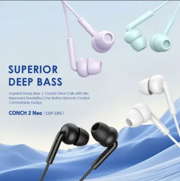 ORAIMO SUPERIOR DEEP BASS CONCH 2 NEO OEP-320S 3.5MM IN-EAR EARPHONE FREQUENCY HAS COMFORTABLE EAR TIPS STYLISH DESIGN AND IMPROVED DURABILITY ONE BUTTON REMOTE CONTROL ORIGINAL ORAIMO EARPHONE